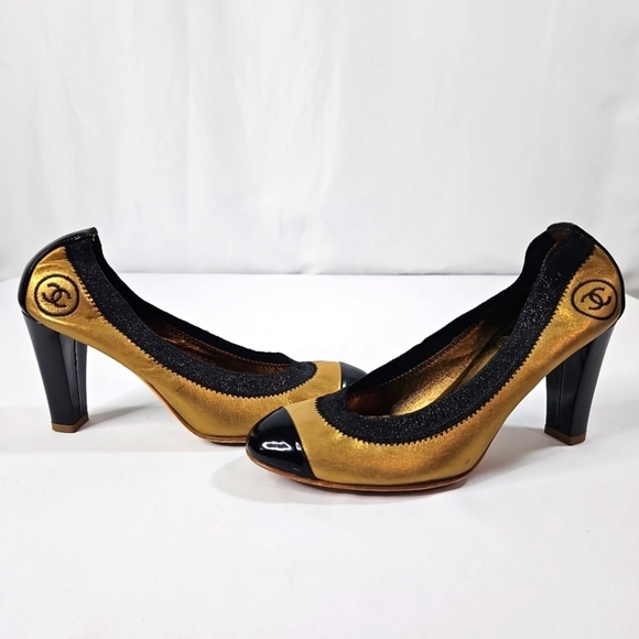Chanel Metallic Lambskin Gold & Black Womens Heels Size 37 - Picture 4 of 8